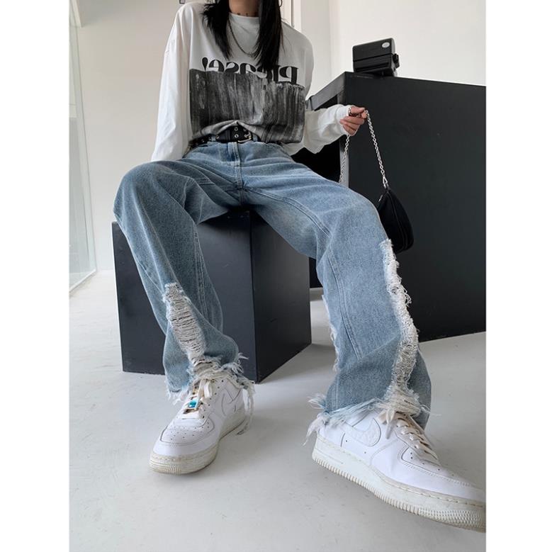 Q14|Quần bò jeans denim nam nữ rách vá cạp lưng cao ống rộng xẻ màu xanh bigsize gd_order ❕