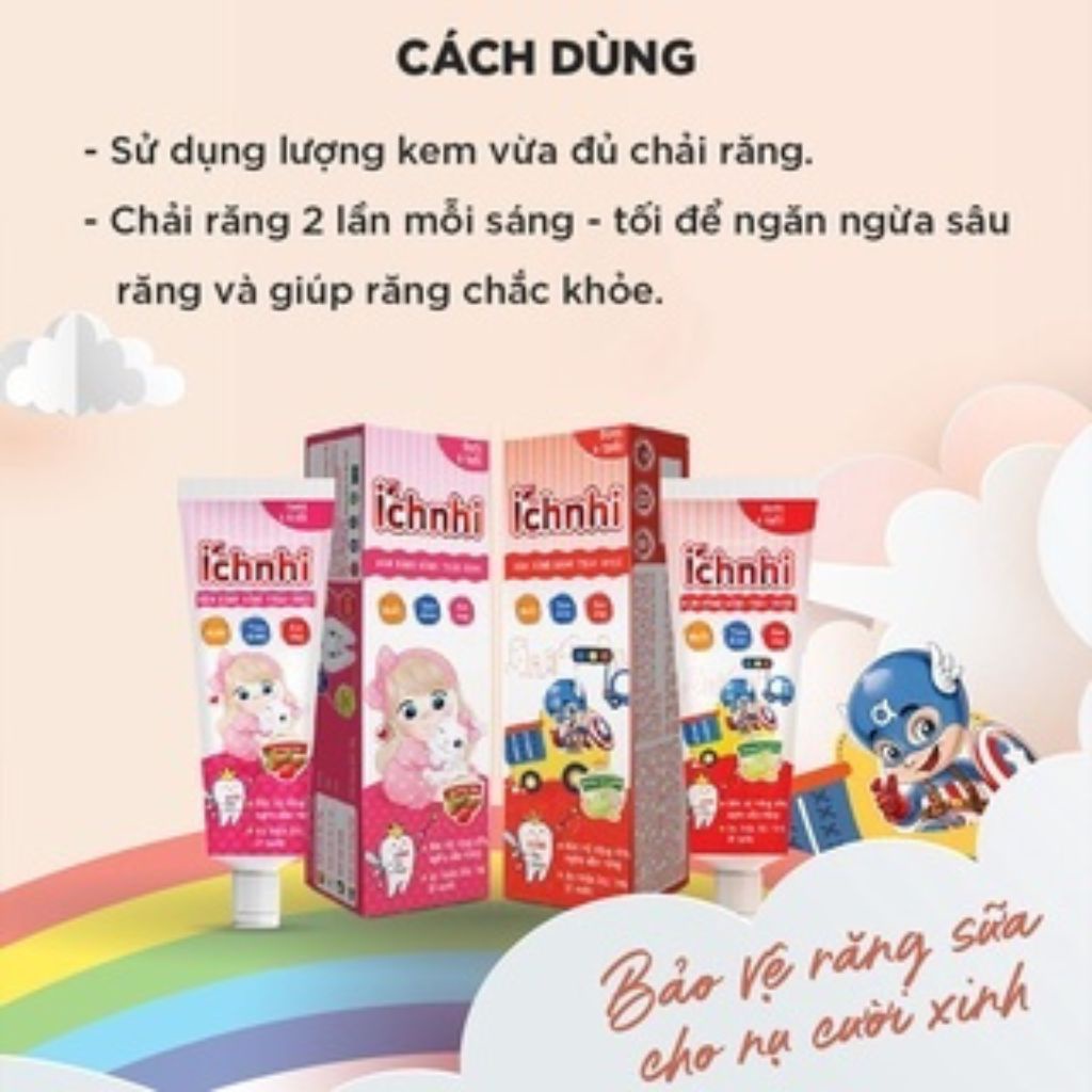 Combo 3 tuýp kem đánh răng trẻ em thảo dược Ích Nhi hương dâu tuýp 50g cho bé dưới 6 tuổi nuốt được, chăm sóc răng miệng