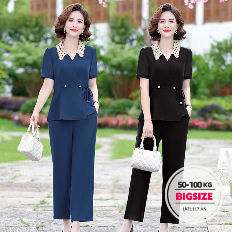 Set bộ đồ nữ bigsize Áo thun tay ngắn kết hợp quần ống rộng Quần áo nữ trung niên Phong cách hàn quốc Thời Trang trẻ trung sang trọng đẹp cao cấp