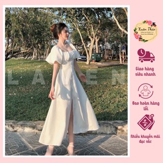  Đầm Xòe Trắng Tay Phồng Nhún Ngực Xẻ Tà Đầm Trắng Dự Tiệc Cao Cấp Dáng Dài Hàng Thiết Kế Mã số A04 