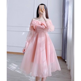 Đầm công chúa dáng dài dễ thương, đầm nữ đi dư tiệc cưới với thiết kế tinh tế trễ vai phối nơ ngực siêu xinh