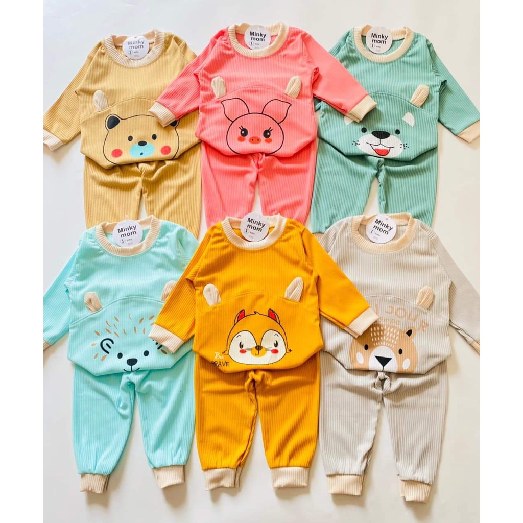 Đồ Bộ Dài Tay  Mặc Nhà Thu Đông cho Bé Trai, Bé Gái Minky Mom Vải Thun Tăm Hoạ Tiết Gấu Xinh