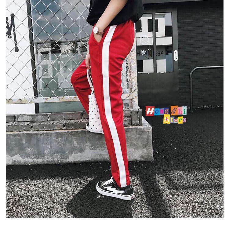 Quần Thun Thể Thao Màu Đỏ 1 Sọc Trắng Dáng Rộng Line Side Stripe Pants Unisex Oversize Ulzzang - MM