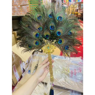 Quạt lông công - quạt quý nhân 48cm- trang trí phong thủy, hầu điện [PBMC]