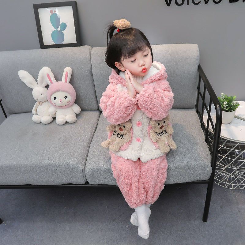 Bộ Đồ Ngủ Lông Cừu San Hô Dày Dặn Phong Cách Mới Cho Bé Gái 1-3 Tuổi