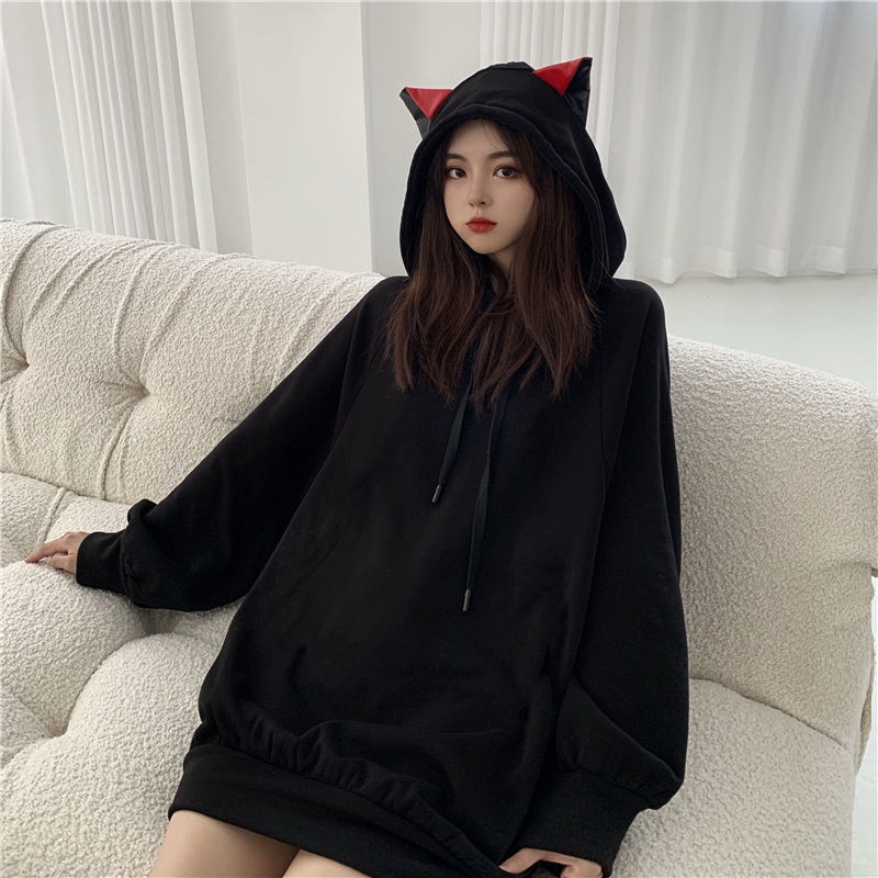 Áo Hoodie Có Đệm Nhung Dáng Rộng In Hình Tai Mèo Hoạt Hình Phong Cách Hàn Quốc Thời Trang Mùa Thu Dành Cho Học Sinh Nữ