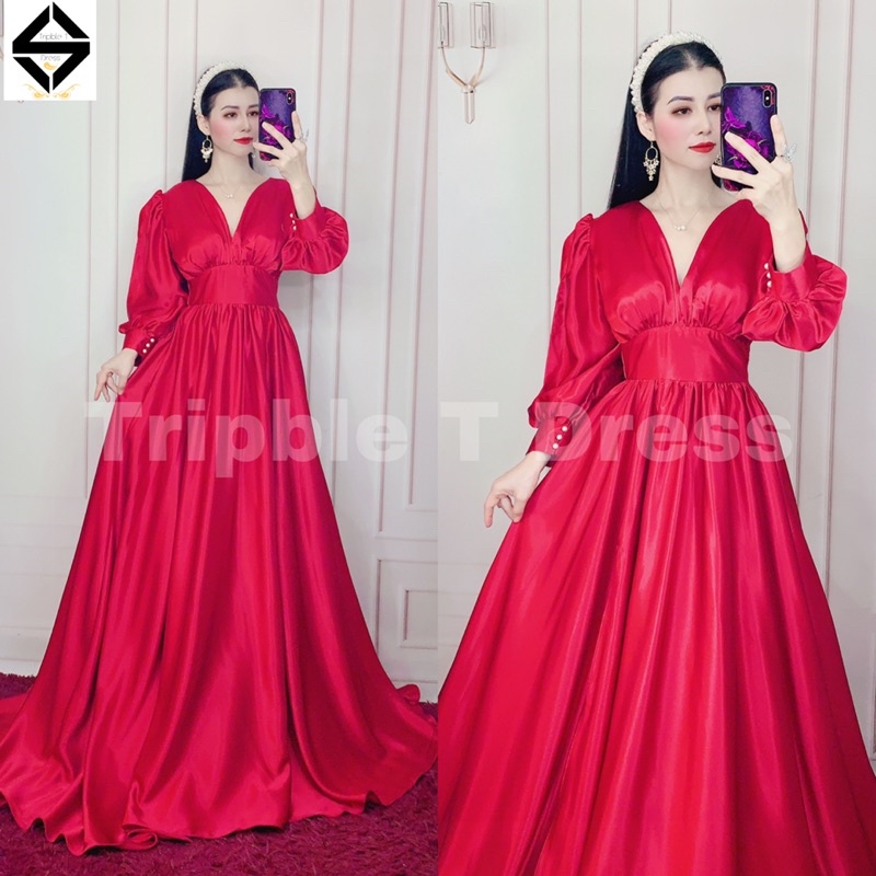 Đầm maxi dạ hội TRIPBLE T DRESS tay dài bo cổ tay xẻ đùi - size M/L - MS415V