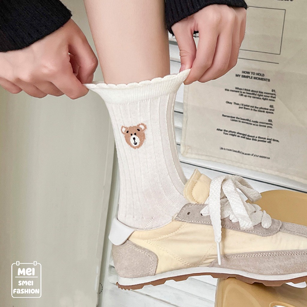 Tất Vớ Cổ Cao Nữ Jengiang họa tiết hình gấu chất liệu vải ren co giãn thời trang Hàn Quốc DO18