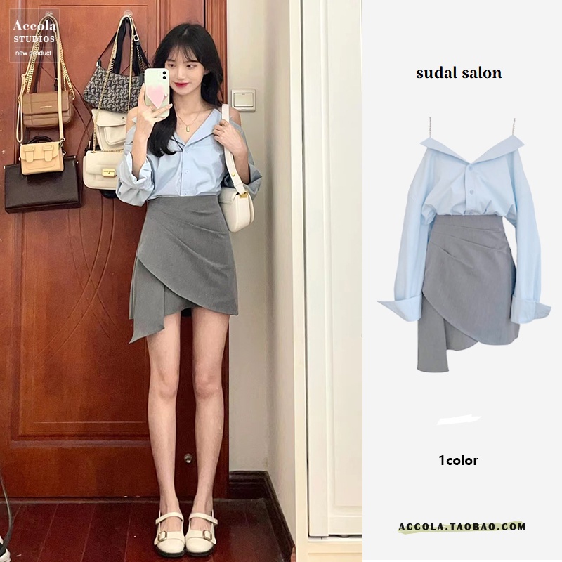 (ORDER) Set chân váy cap cao chéo vạt thiết kế độc đáo+ Áo sơ mi hở vai style công sở MORAN Hàn Quốc (hàng loại 1)