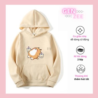 Áo nỉ Hoodie freesize form rộng hình chú cho shiba uống trà sữa
