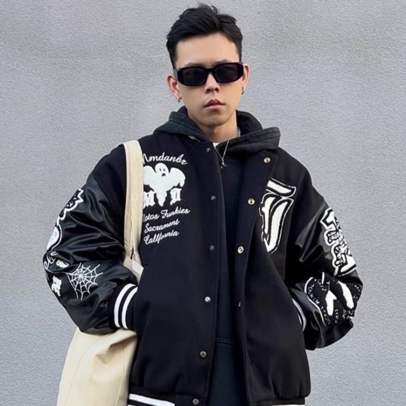 Áo Khoác varsity GHOST vintage chất dạ 2 lớp phối tay da Pu cao cấp