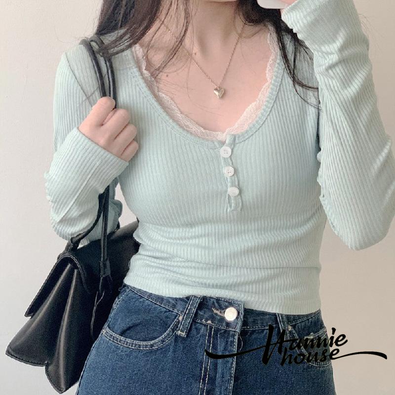 Áo Thun Tay Dài Phối Ren Thời Trang Cho Nữ