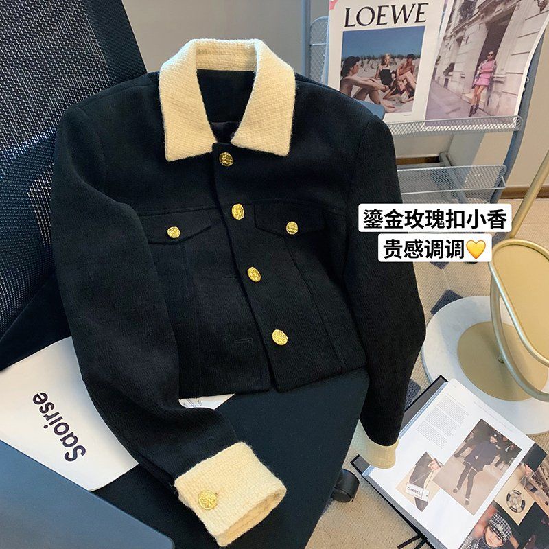 Áo Khoác Nhung Kẻ Đen Dáng Ngắn Phong Cách Retro Thời Trang Mùa Thu 2022 Dành Cho Nữ