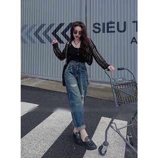 Quần bò baggy rách đùi xanh cho nữ