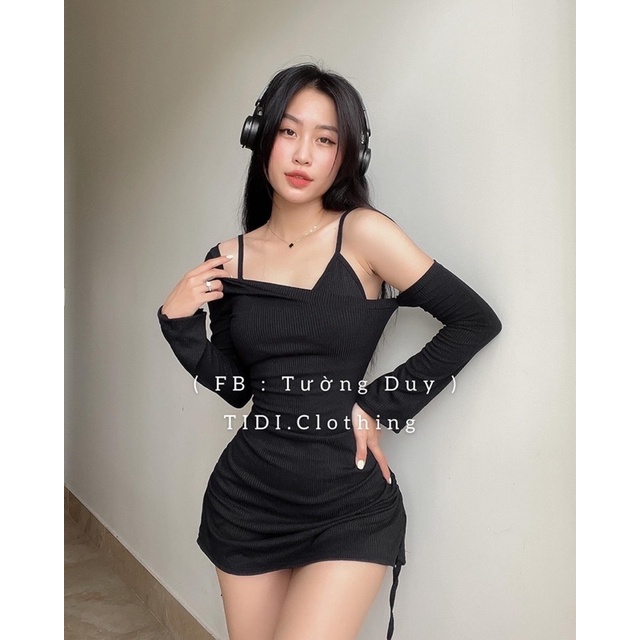 Set Đầm Gân Kiểu Tay Dài Kèm Bra Cá Tính D97
