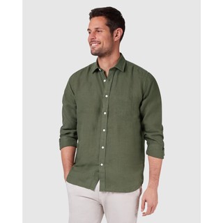 ÁO SƠ MI NAM HAZZYS LINEN OLIVE PLAIN SLIM FIT SHIRT - SIZE 95-100