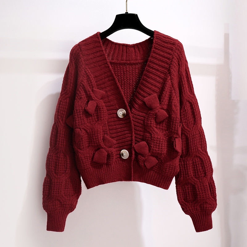 Áo len cardigan ngắn phối nơ dáng ngắn