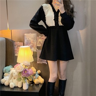 Đầm nữ đen dài tay phối viền ren trước ngực cực nhẹ nhàng nữ tính - V31