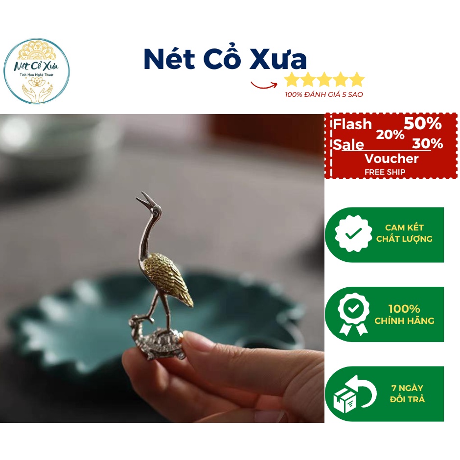 Tượng Chim Hạc và Rùa ĐẸP Sắc nét Màu Vàng Đồng