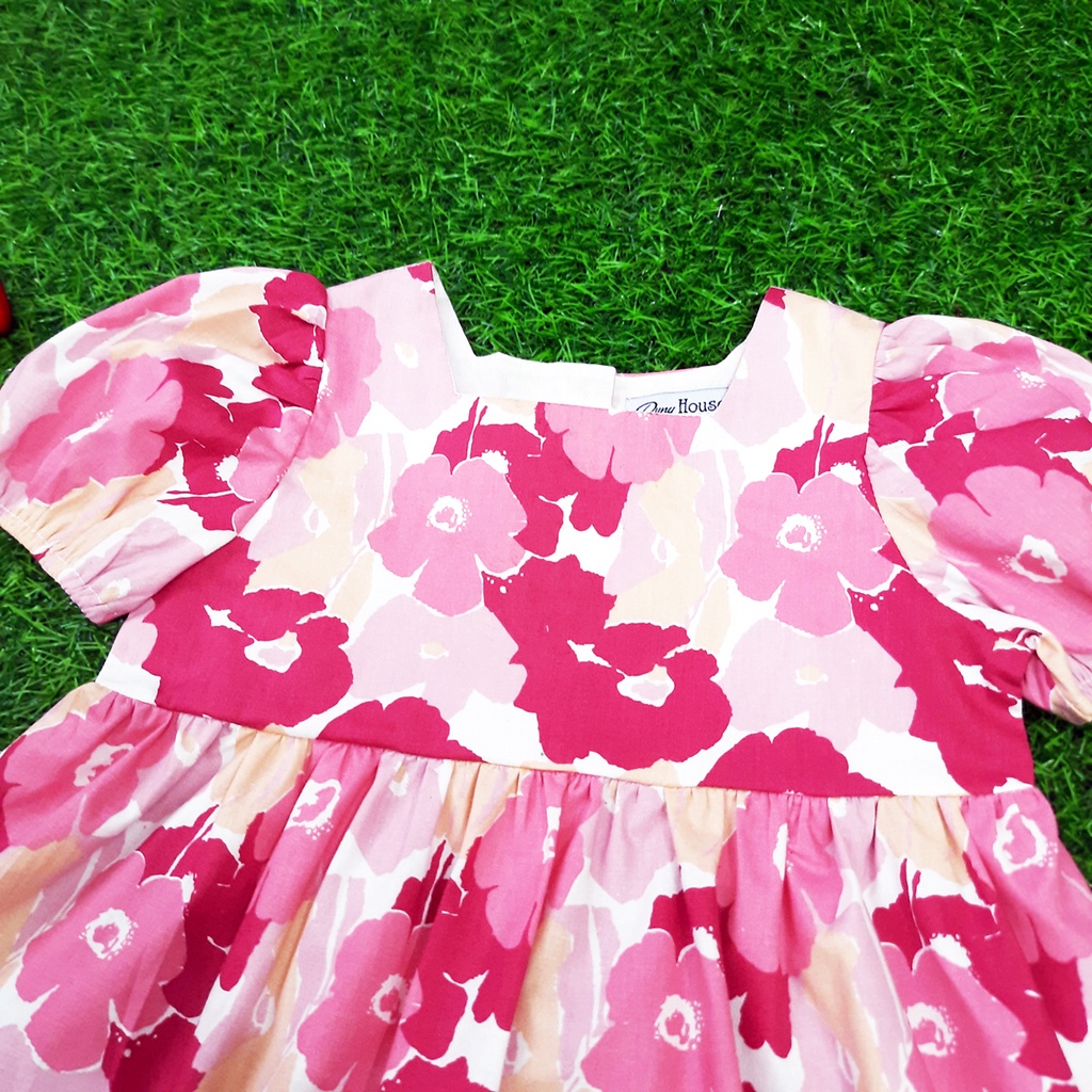 Váy cho bé gái Duny House thô hoa 100% cotton, cổ vuông, thân trên 2 lớp, tay bồng bo thun xinh xắn