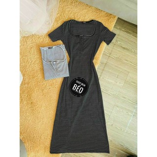 Đầm gân body tay cộc hoạ tiết sọc ngang sexy