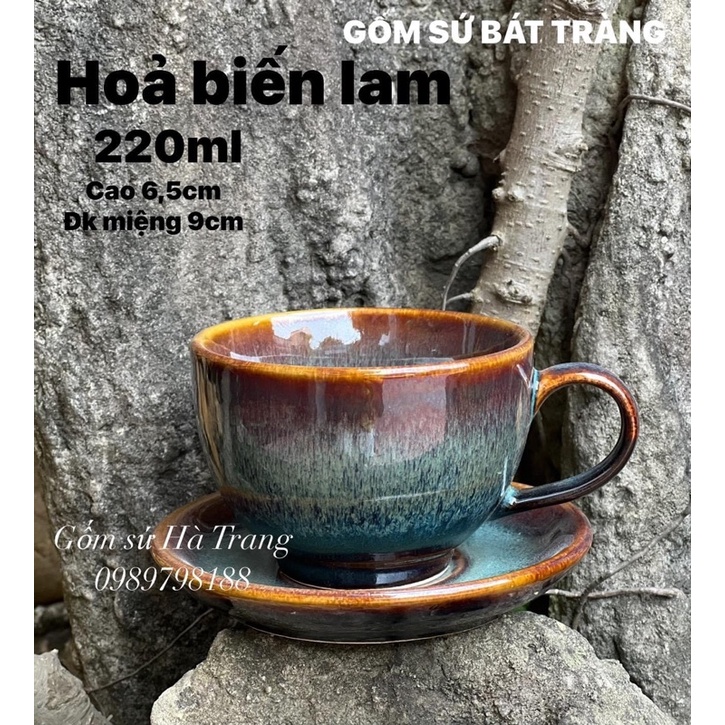 Set cốc cafe capuchino dung tích 220ml gốm sứ Bát Tràng cao cấp men hoả biến lam