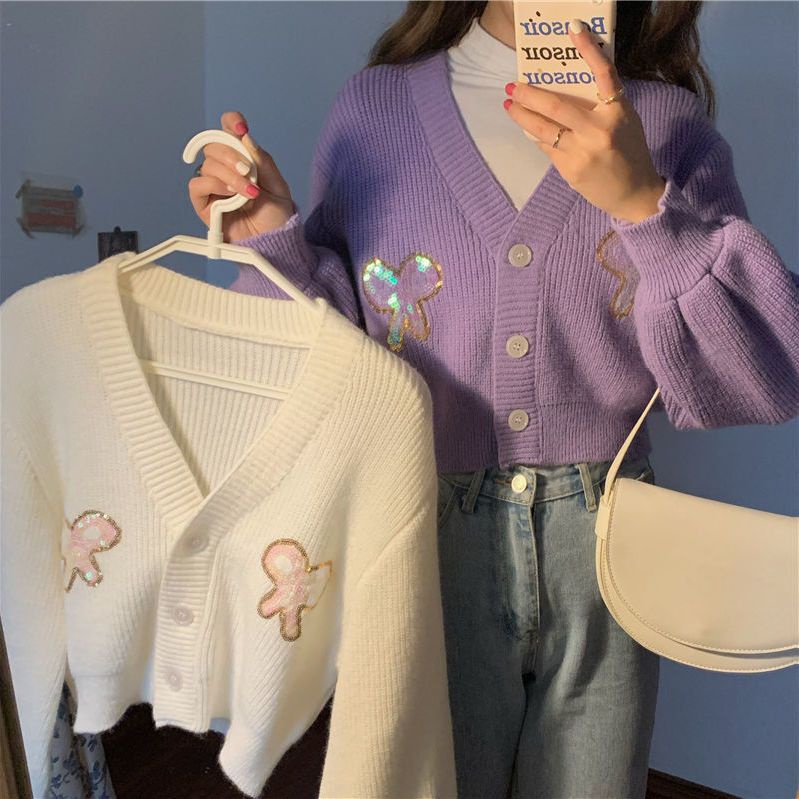 Jiashucheng Áo Khoác Sweater Tay Dài Dáng Rộng Ngắn Màu Tím Phong Cách Hàn Quốc Cho Nữ