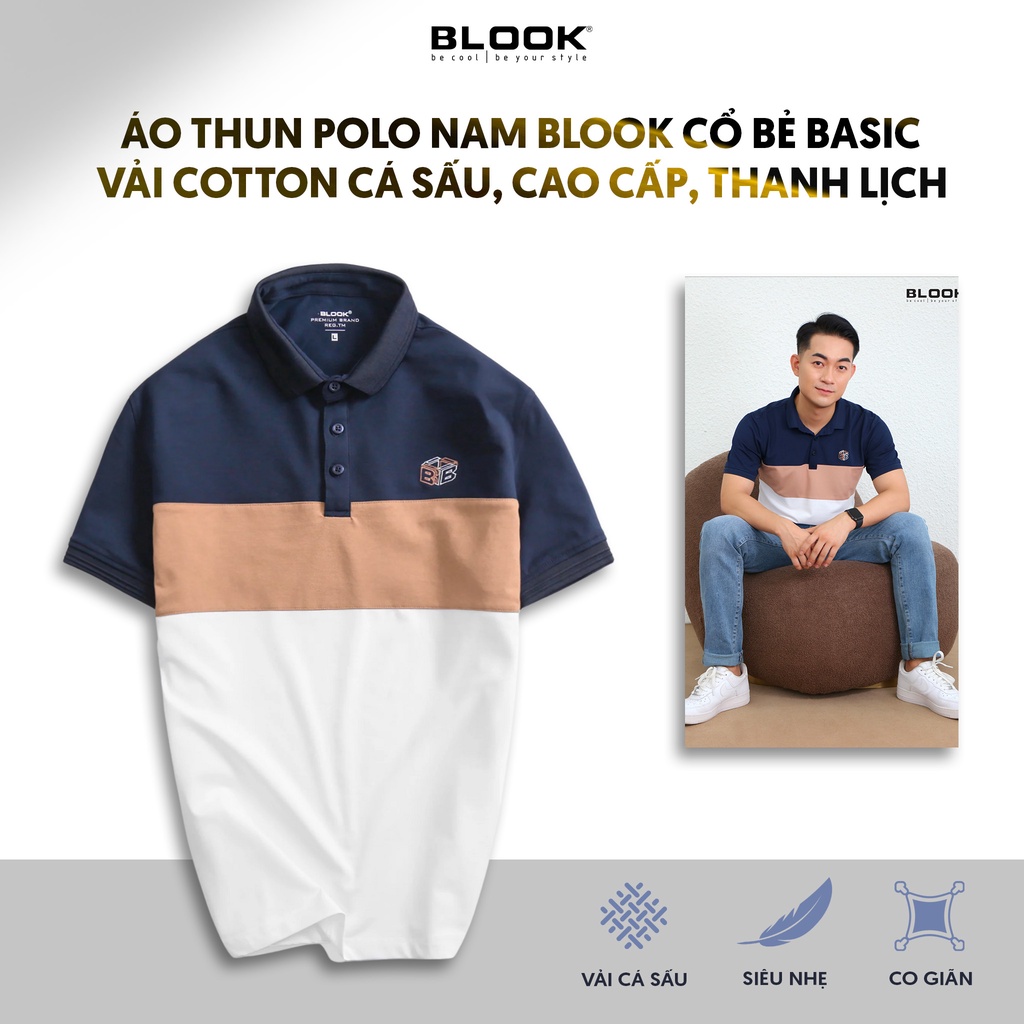 Áo Polo nam cổ bẻ phối ngang BLOOK Vải thun cá sấu sang trọng co giãn thoáng mát mã 35555