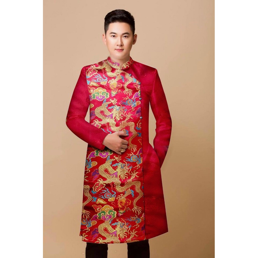 Gx 3- Áo Dài Nam GẤM  RỒNG KIM TUYẾN TAFFA CAO CẤP CỰC SANG
