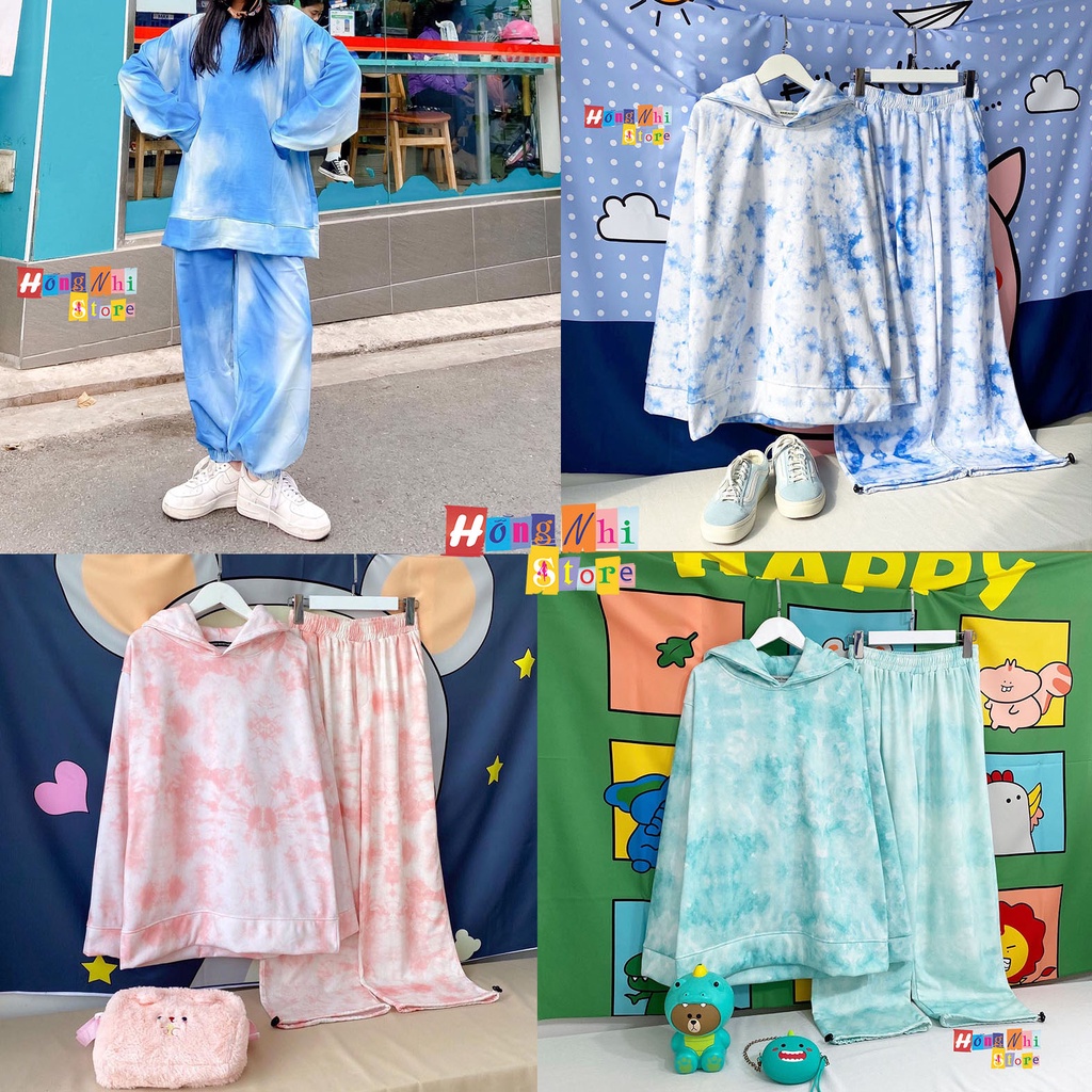 Set Bộ Áo Hoodie Zip Tie Dye Loang Màu Phối Quần Jogger 3D Dây Rút Cao Cấp Oversize Ulzzang Unisex - MM