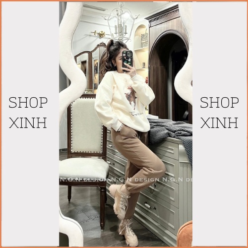 Bộ nỉ nữ hình ngựa ép 5D mix quần bom màu nâu tây sang chảnh, Set ngựa quần nâu áo nỉ dài tay dày dặn ấm áp