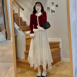Set áo nhung phối viền trắng bèo + chân váy midi xoè