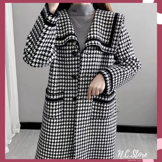Áo khoác caro cổ vuông viền dáng dài