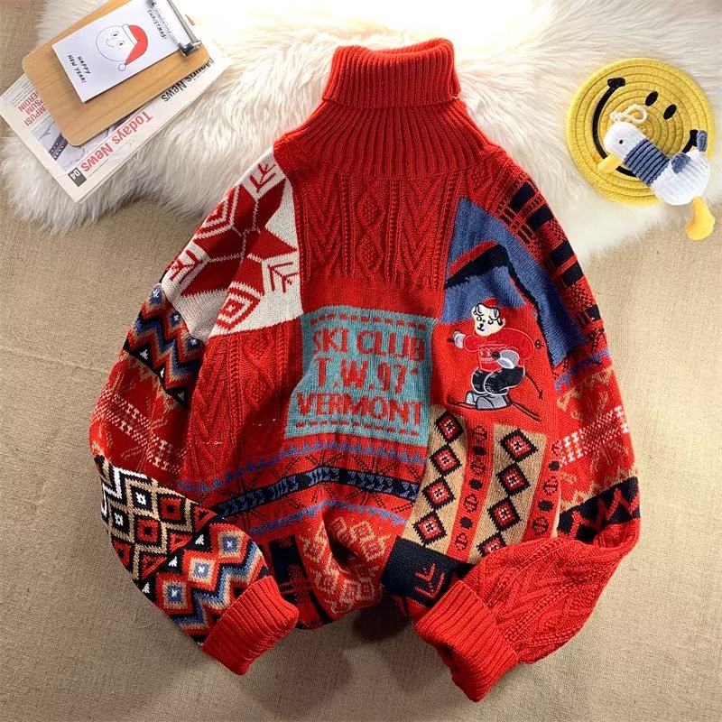 ✦ AFFLIGA ✦Áo Sweater Cổ Cao In Họa Tiết Hoạt Hình Giáng Sinh Thời Trang Mùa Đông 3 Màu Lựa Chọn Cho Nam