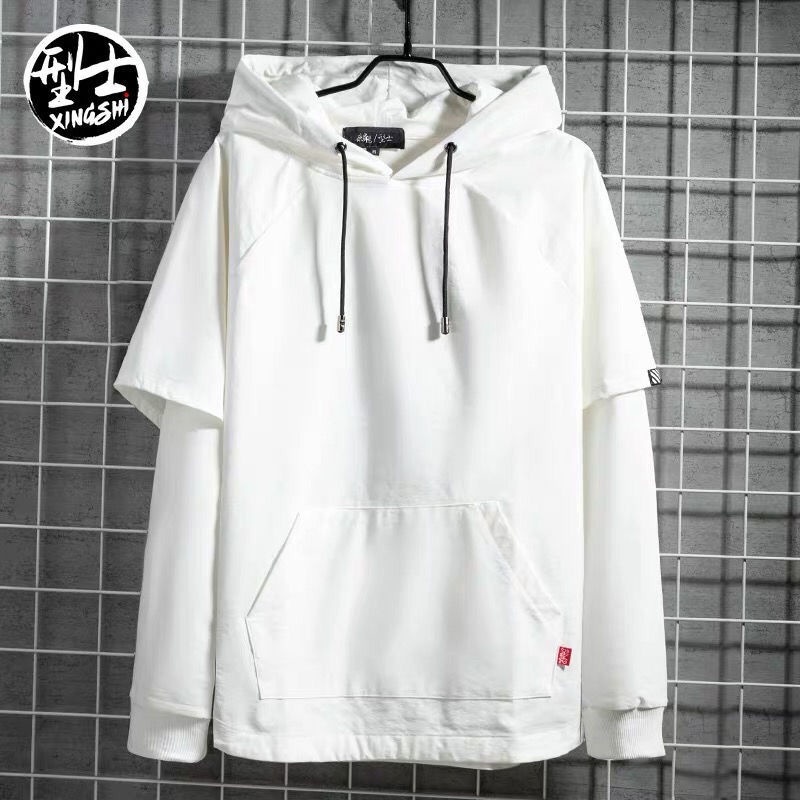 Áo Hoodie Giả Hai Lớp Tay Dài Dáng Rộng Màu Đen Phong Cách Hàn Quốc Thời Trang Mùa Thu Cho Nam Sinh