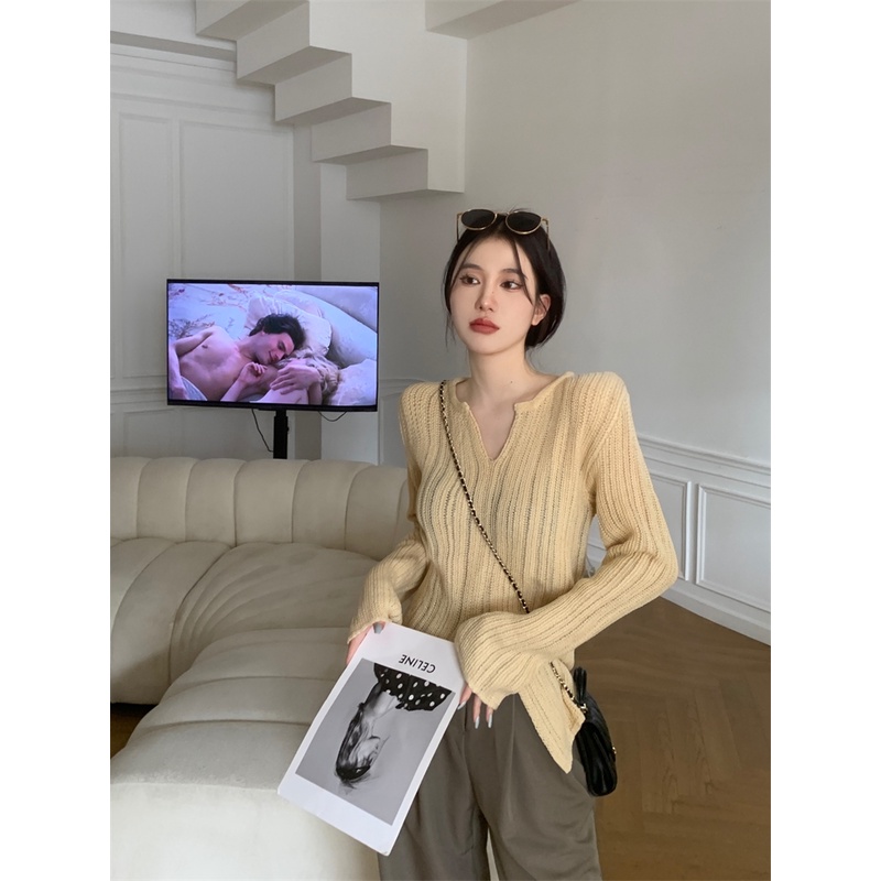 Áo Dệt Kim Tay Dài Cổ Chữ V Màu Trơn Thời Trang Mùa Thu Phong Cách Hàn Quốc