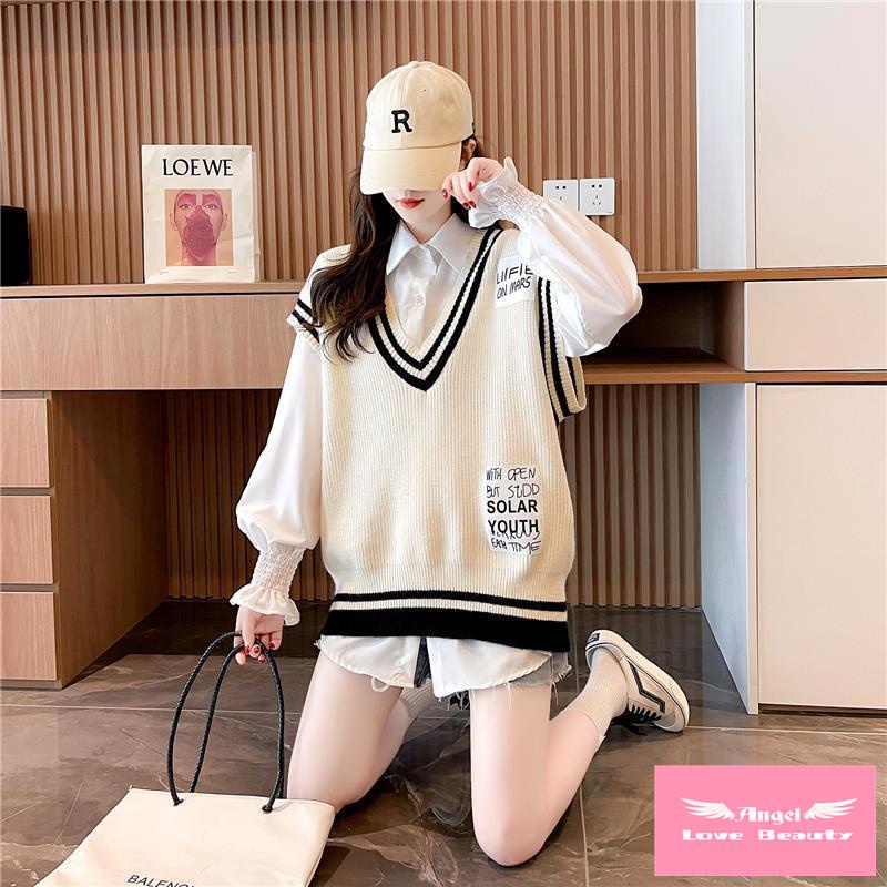 [Hàng Có Sẵn Bán Chạy] ~ Áo Sơ Mi Dệt Kim Không Tay Cổ Chữ V Tươi Trẻ Nhỏ Nhắn Cho Nữ