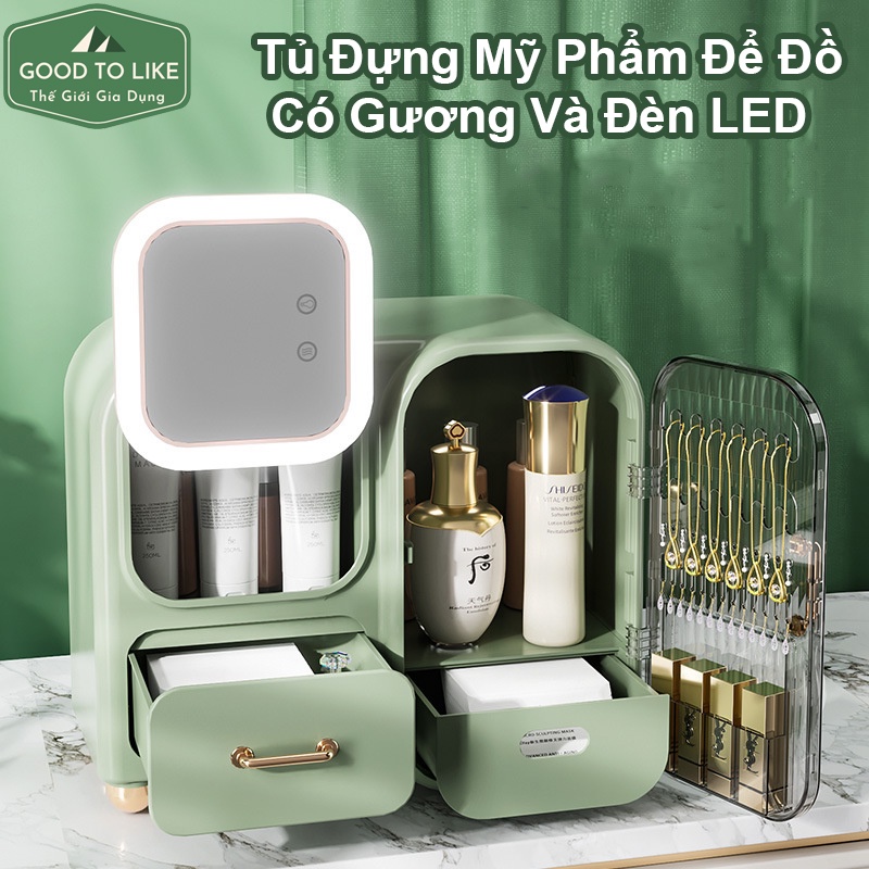 Tủ Đựng Mỹ Phẩm,Kệ Để Đồ Trang Sức Kèm Đèn Led Và Gương Trang Điểm Có Chế Độ Sưởi Sử Dụng Cổng Sạc Type C