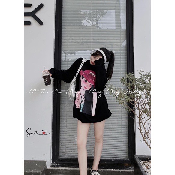 Áo nỉ sweater nữ cổ tròn in hình cô gái MIE  Áo form rộng tay dài phong cách unisex GUU