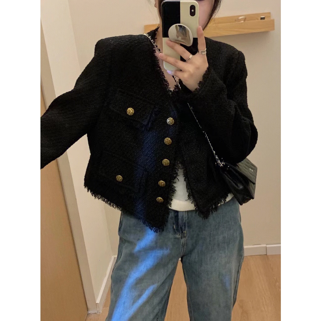 Áo dạ tweed lửng cúc đồng Hàn Quốc kèm ảnh thật