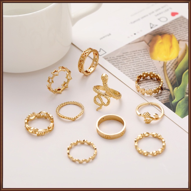 Set 10 Nhẫn Đeo Khớp Ngón Tay Họa Tiết Hình Học / Hình Rắn / Hoa Phong Cách Retro Cho Nam Và Nữ