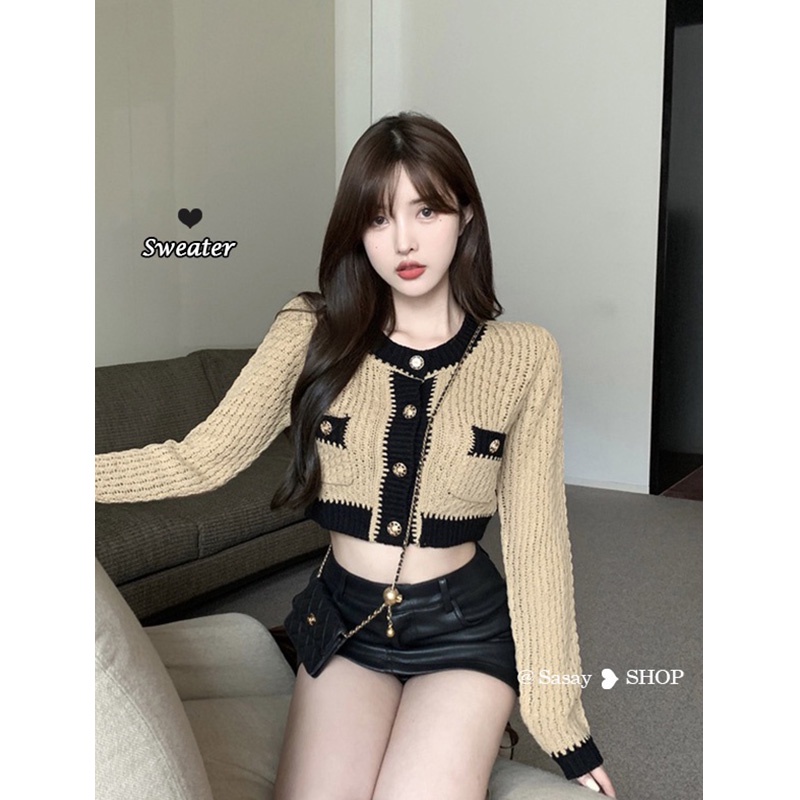 QADCOL Áo Khoác cardigan Dệt Kim Tay Dài Dáng Ngắn Phối Màu Tương Phản Thời Trang Hàn Quốc Cho Nữ