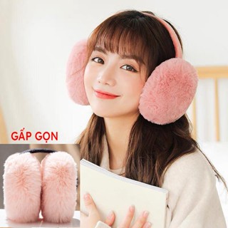 Bông chụp bịt tai lông cao cấp giữ ấm mùa đông màu trơn có thể gập gọn tiện lợi đáng yêu.