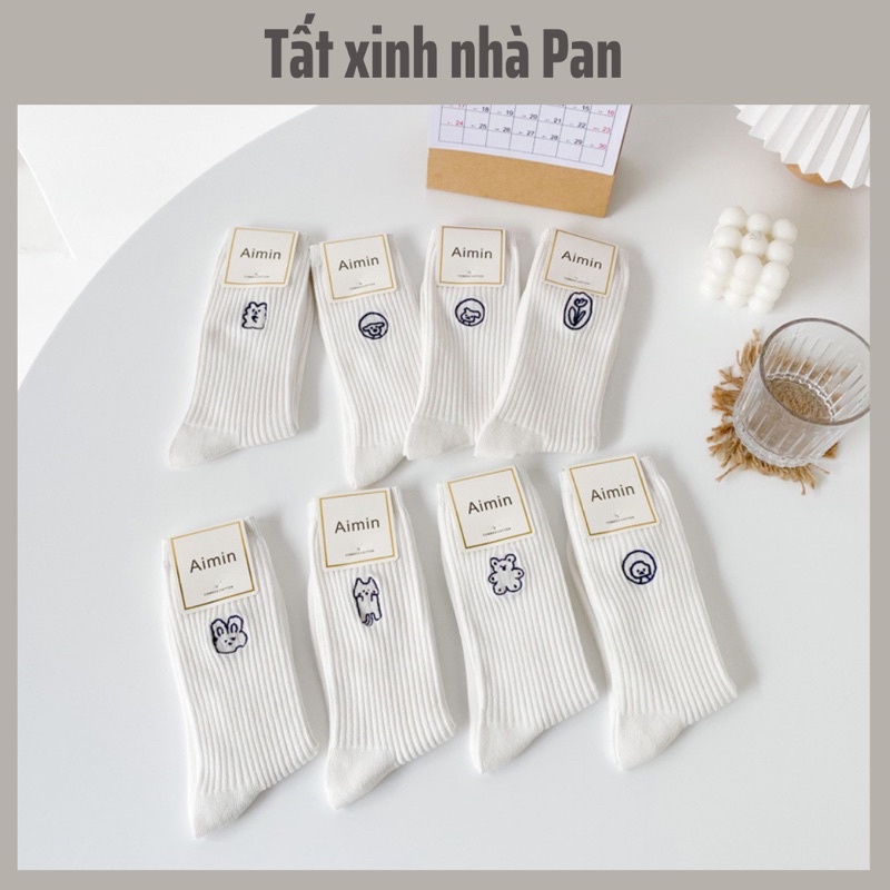 Tất Trắng Thêu Animals cao cổ gân nhỏ cotton cao cấp