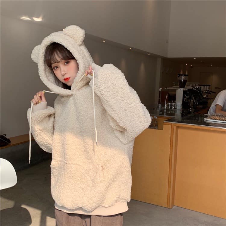 Áo hoodie lông nam nữ unisex form rộng- áo lông cừu có mũ tai gấu màu hồng xanh đen hàn quốc ulzzang, XUONGMAYSIGIARE