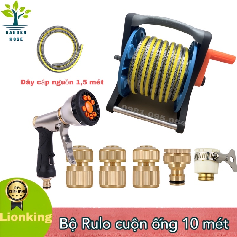 Bộ Vòi Tưới Cây, Vòi Xịt Rửa Xe,Vòi Tưới Hoa, Làm Vườn Có Rulo Cuộn Ống Lionking 10 mét, Vòi Kim Loại 9 Kiểu Phun