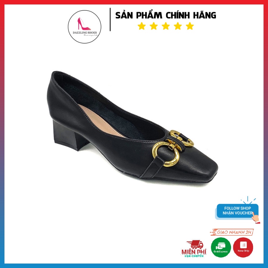 Giày Cao Gót Nữ Mũi Tròn, Giày Cao Gót Đế Vuông Charm xích Cao 4 Phân Da Mềm Cao Cấp_DA779