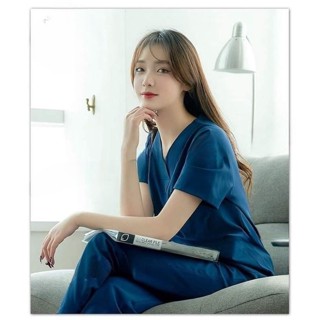 Bộ Scrubs Bác Sĩ Cổ Tim, Đồng Phục Y Tế Cao Cấp, xanh cô ban