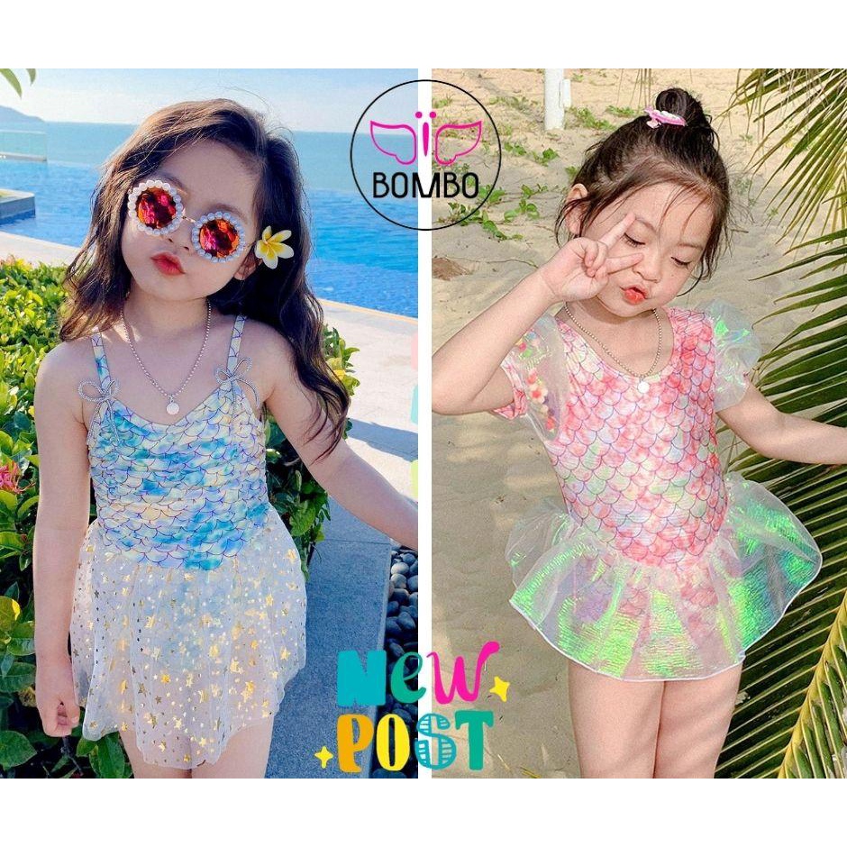 Áo bơi bé gái liền thân nhún ngực nơ cột hai dây ánh xanh tặng kèm nón xinh