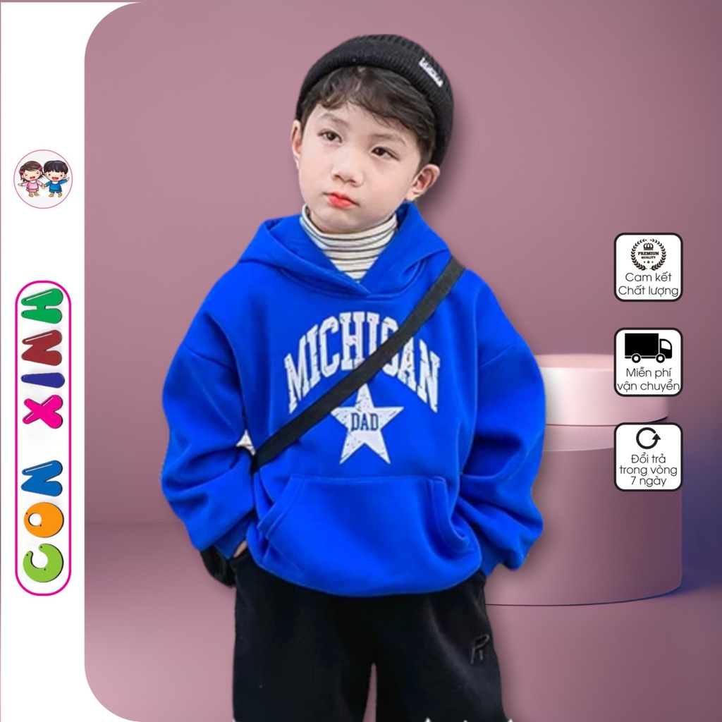 Áo hoodie nỉ bé trai Con Xinh phom rộng hình in chữ MICHIGAN,thời trang thu đông dành cho bé từ 4 đến 10 tuổi